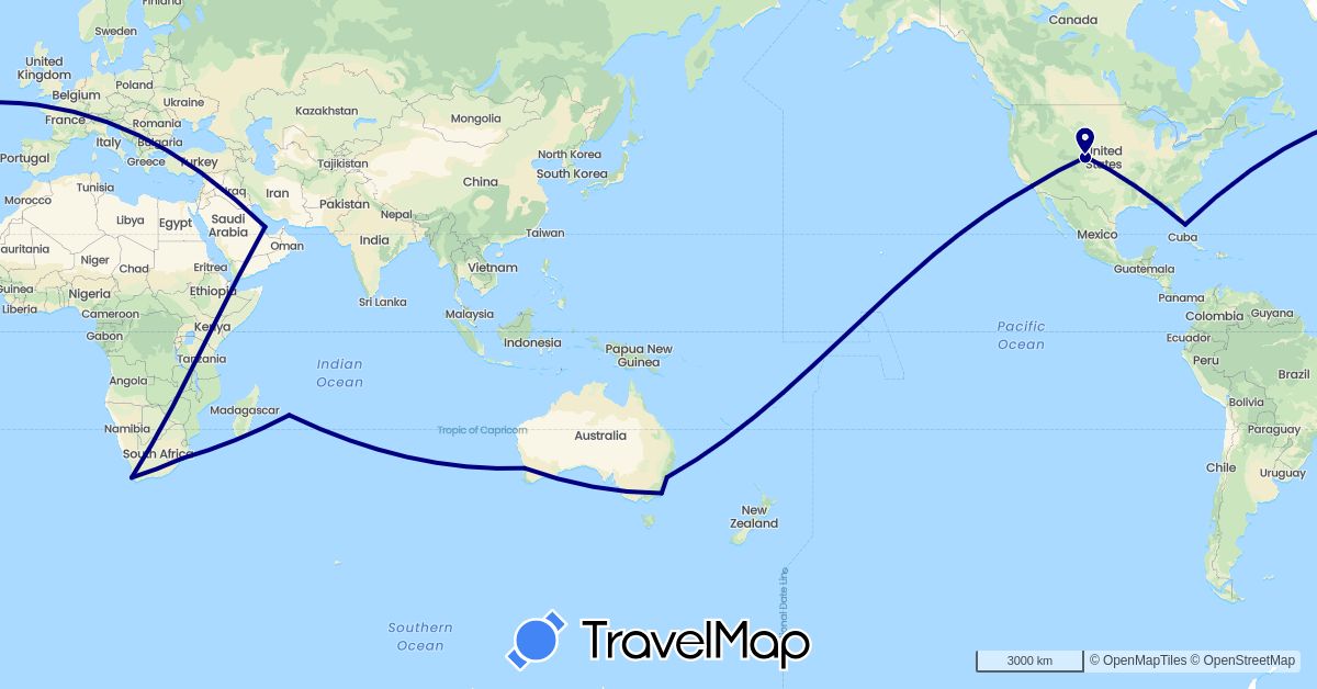 TravelMap itinerary: driving in Australia, Mauritius, Qatar, United States, South Africa (Africa, Asia, North America, Oceania)